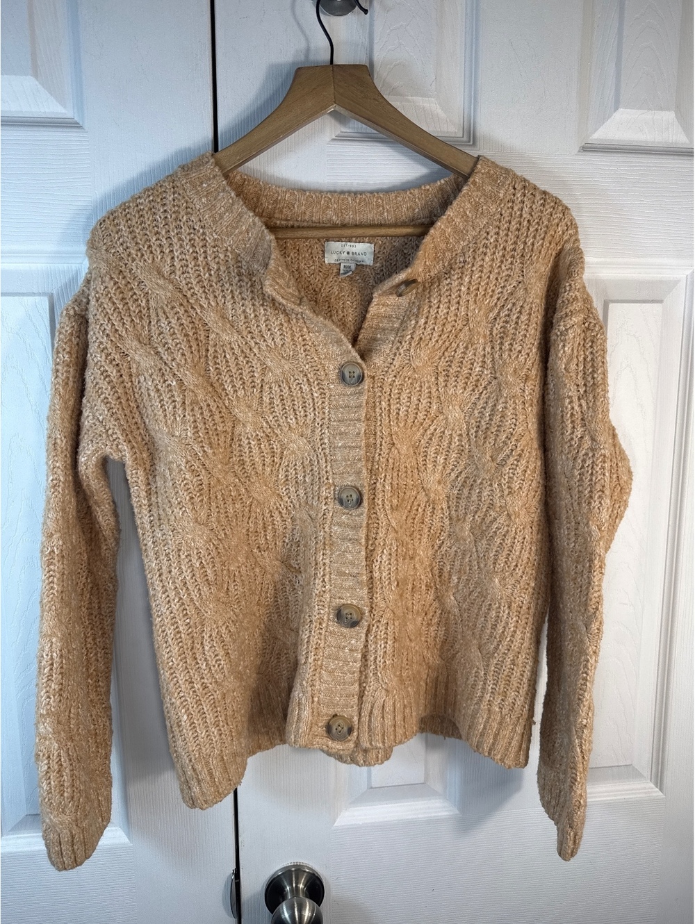 Lucky Brand Women's Medium Beige Cable Knit Button-Up Cardigan Sweater